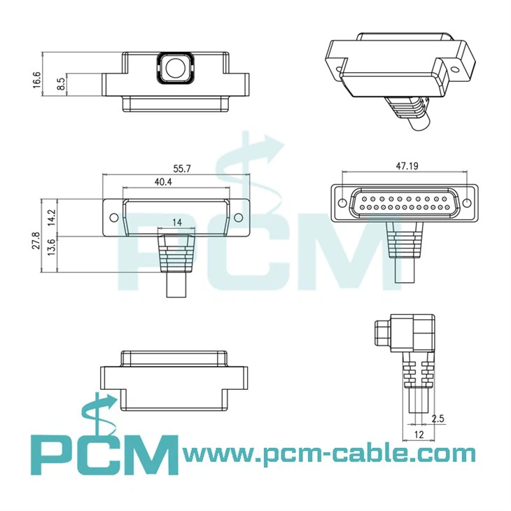 dimensions of Low profile DB25 right angle cable Space saving angled  DB25 Male to Male cable