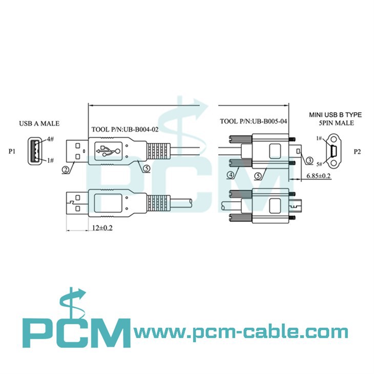 dimensions drawings of USB 2.0 Type-A To Mini-B Cable with Locking Screw